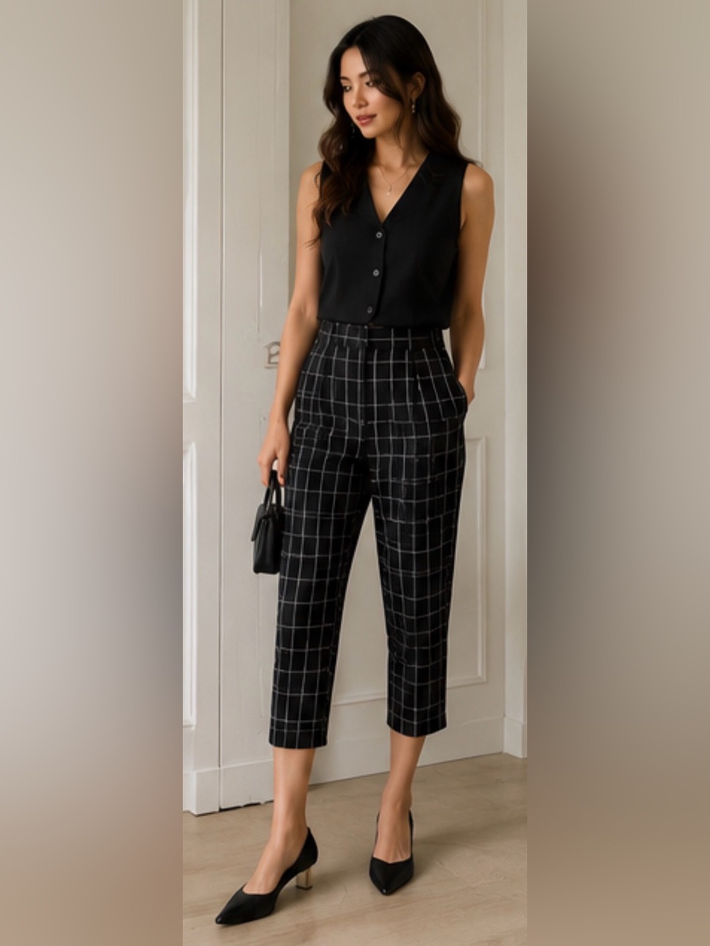 Talbots Black Trousers with White Windowpane Check